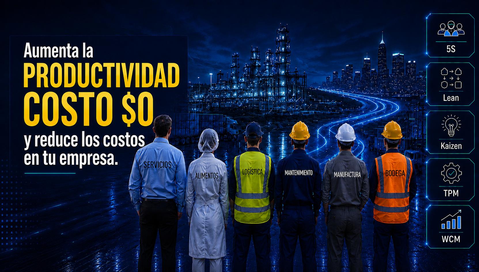 Aumenta la productividad, costo cero, y reduce los costos en tu empresa — equipo de distintas áreas junto a íconos de 5S, Lean, Kaizen, TPM y WCM sobre fondo industrial nocturno