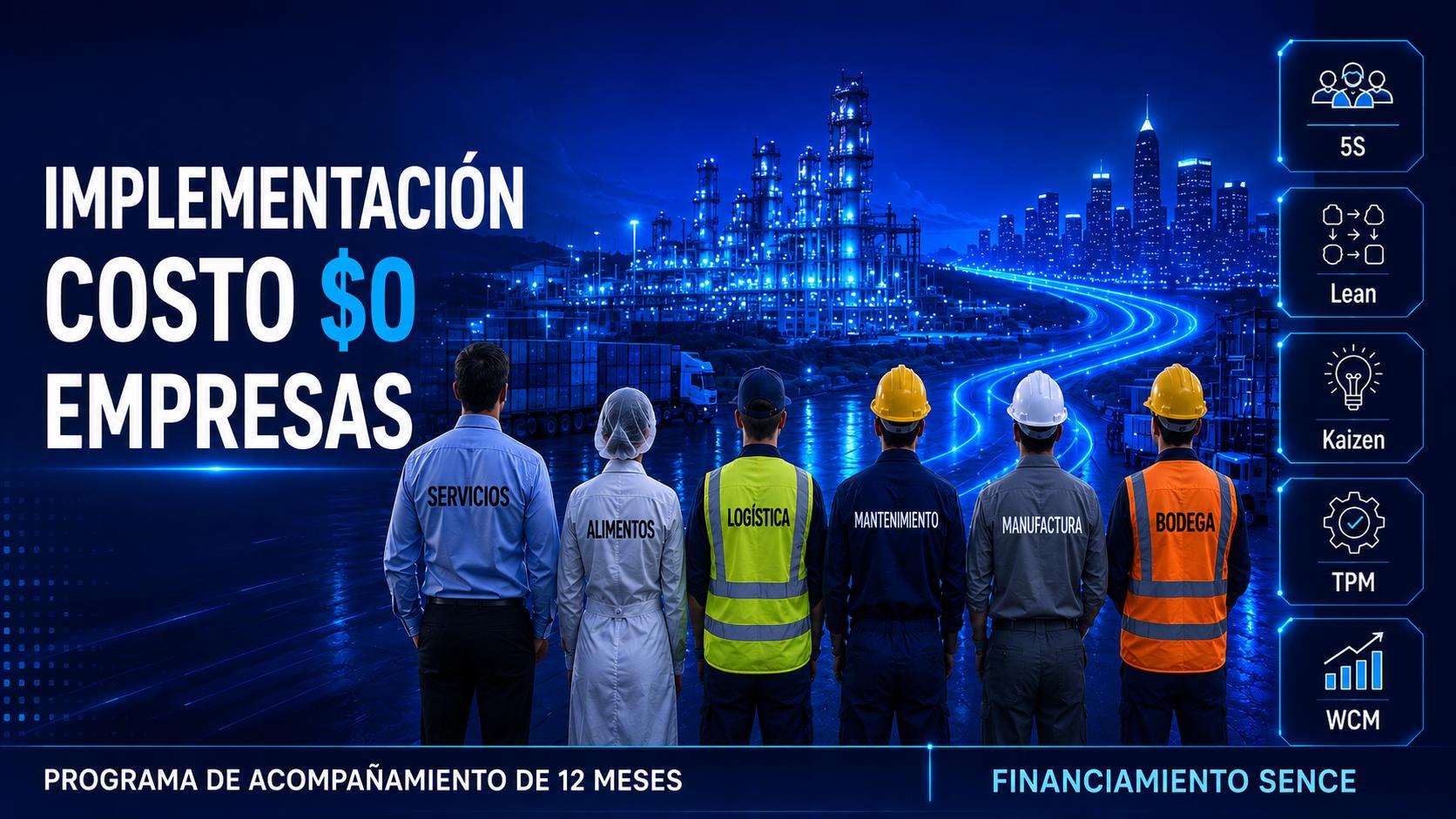 Equipo de distintas áreas — servicios, alimentos, logística, mantenimiento, manufactura y bodega — junto a íconos de 5S, Lean, Kaizen, TPM y WCM, sobre un fondo industrial nocturno