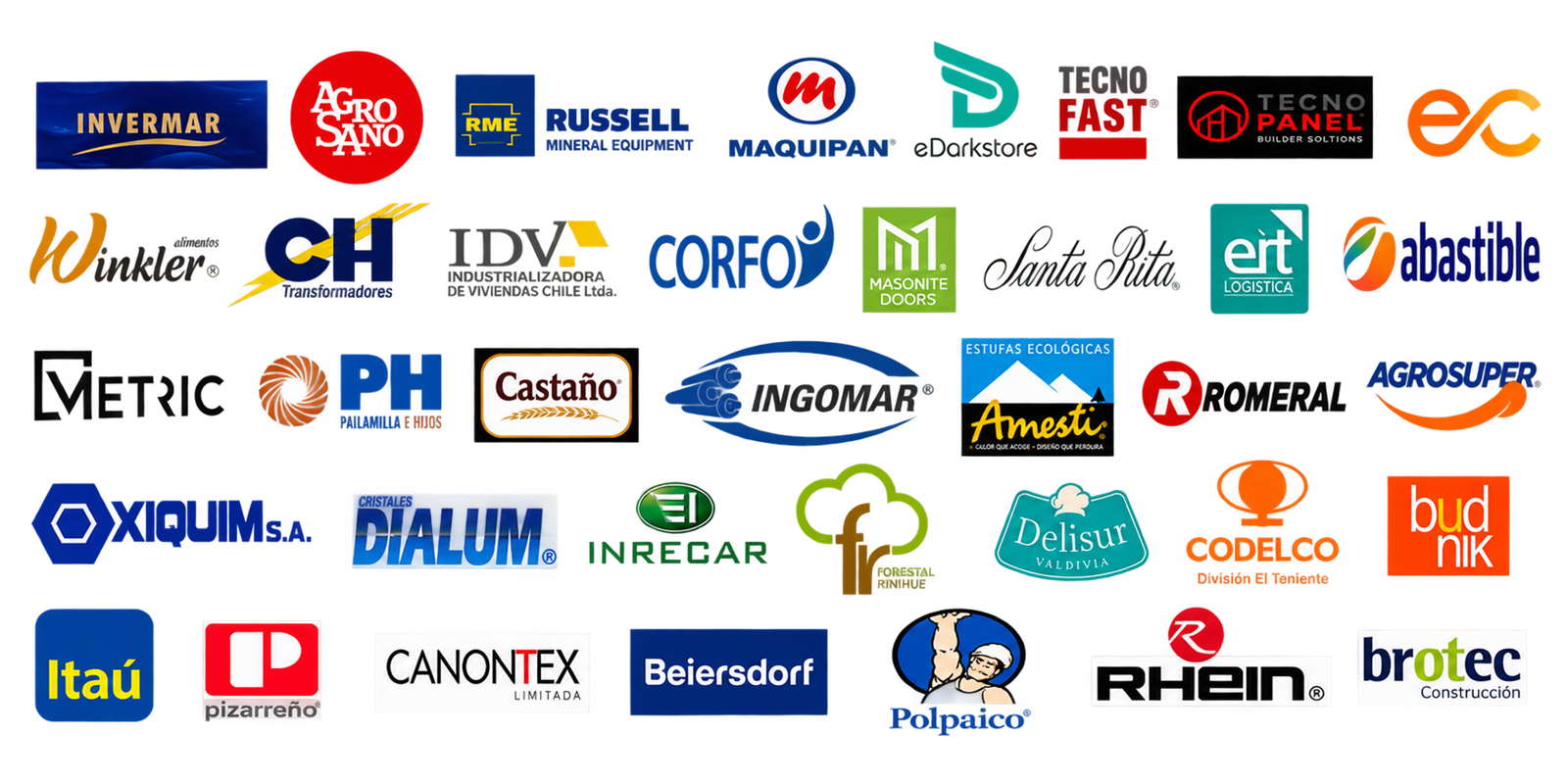 Logos de empresas clientes: Invermar, AgroSano, RME Russell, Maquiran, TecnoFast, TecnoPanel, Winkler, Corfo, Masonite Doors, Abastible, Oxiquim, Itaú, Beiersdorf, Rhein y otras más de 30 empresas