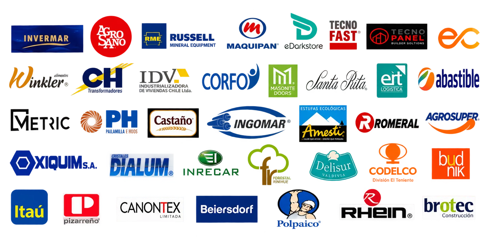 Logos de empresas clientes: Invermar, AgroSano, RME Russell, Maquiran, TecnoFast, TecnoPanel, Winkler, Corfo, Masonite Doors, Abastible, Oxiquim, Itaú, Beiersdorf, Rhein y otras más de 30 empresas